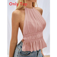 (Pink,S)Solid Color Short Top With Ruffled Back And Adjustable Straps For Adult Women