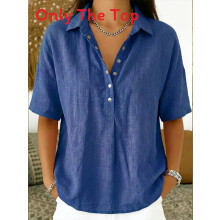 (Blue,2XL)Casual Linen Shirt For Women With Turndown Collar And Short Sleeves For Comfort Summer