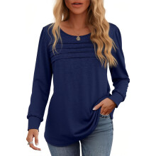 Women’s Blouse Oversize T-Shirt with Long Sleeves Elegant Pleated Navy Blue S — navy blue women's blouse