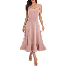 Robe de cocktail élégante, chic, fluide et évasée rose L — robe mariage invité, tenue soirée femme, robe dos nu