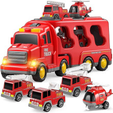Police Truck Toys for Toddler 3 4 5 6 Years Old Boys 5 in 1 Friction Power Emergency Vehicle, Carrier Truck Toys for Kids 3 5, Red