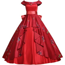 (XL) Damen rotes Satin Prinzessinnen Kleid elegantes Maxi Kleid mit U Ausschnitt und Guertel fuer Erwachsene