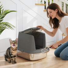PawHut Stainless Steel Litter Box, Enclosed Metal Cat Litter Tray with Scoop