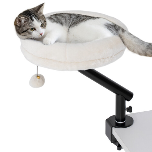 PawHut PawHut Cat Desk Bed, 360 Rotatable Adjustable Kitten Hammock, Cream White 1