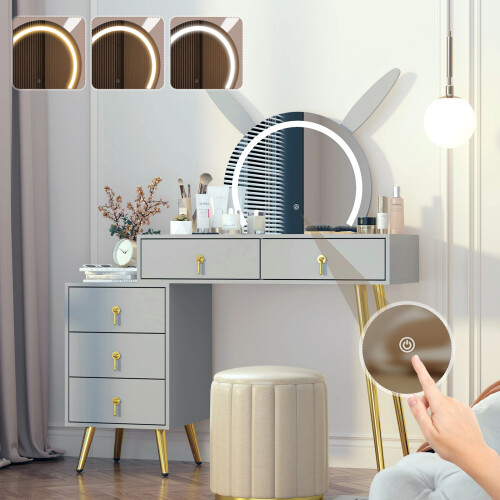 Vanity Desk with Lights, Makeup Table Grey
