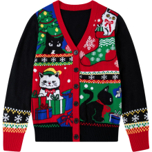Damen-Kragenpullover Cardigan Weihnachts-Strickjacke zum Aufknöpfen Winter Mit Muster Katzen Schwarz XL