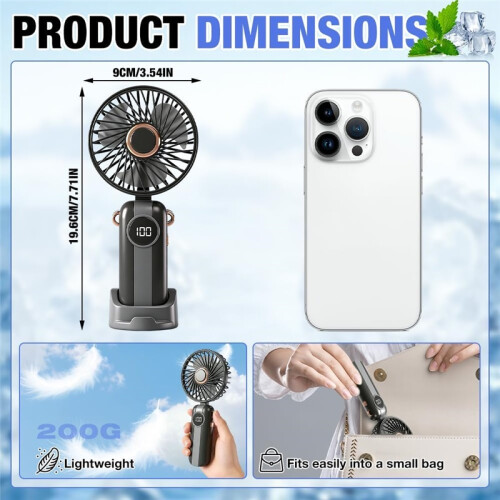 Mini ventilateur rechargeable, 5 vitesses 1200mAh pliable écran LED 1