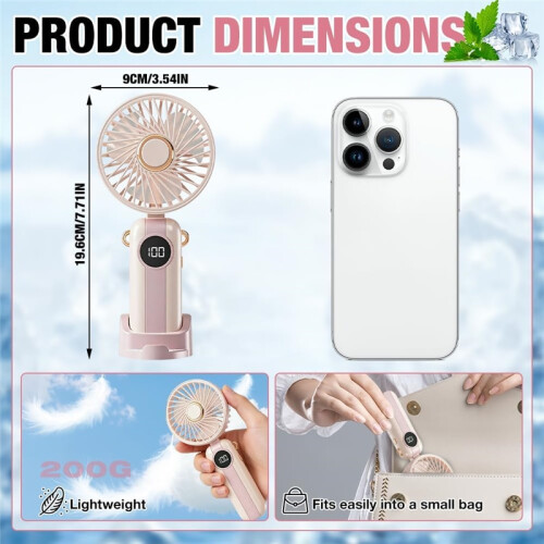 Mini ventilateur rechargeable, 5 vitesses 1200mAh pliable écran LED 1