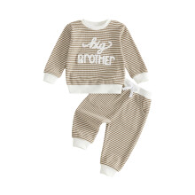(6-12 Months, Khaki) Brother Sister Matching Outfits Stripe Long Sleeve Pullover Elastic Pants