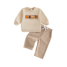 (3-4 Years, Apricot) Toddler Baby Boys Thanksgiving Outfits Adorable Pumpkin Pie Embroidery Long Sleeve Round Neck Sweatshirt and Plaid Pants Set