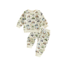 (3-4 Years, Apricot) Toddler Boy Winter Fall Outfits Excavator Print Long Sleeve Sweatshirt and Jogger Pants 2 Piece Set