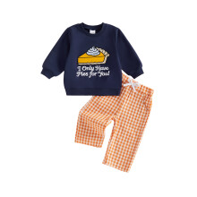 (6-12 Months, Blue) Toddler Baby Boys Thanksgiving Outfits Adorable Pumpkin Pie Embroidery Long Sleeve Round Neck Sweatshirt and Plaid Pants Set