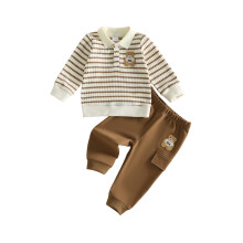 (12-18 Months, Khaki) Boys 2Pcs Fall Outfits Long Sleeve Lapel Bear Patch Knit Striped Tops Jogger Pants Sets
