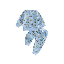 (2-3 Years, Blue) Toddler Boy Winter Fall Outfits Excavator Print Long Sleeve Sweatshirt and Jogger Pants 2 Piece Set