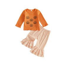 (18-24 Months, Orange) Toddler Girl Fall Outfits Pumpkin Embroidery Long Sleeve Tops + Flare Pants