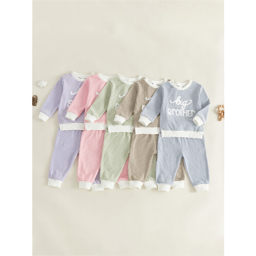 (6-12 Months, Blue) Brother Sister Matching Outfits Stripe Long Sleeve Pullover Elastic Pants 2