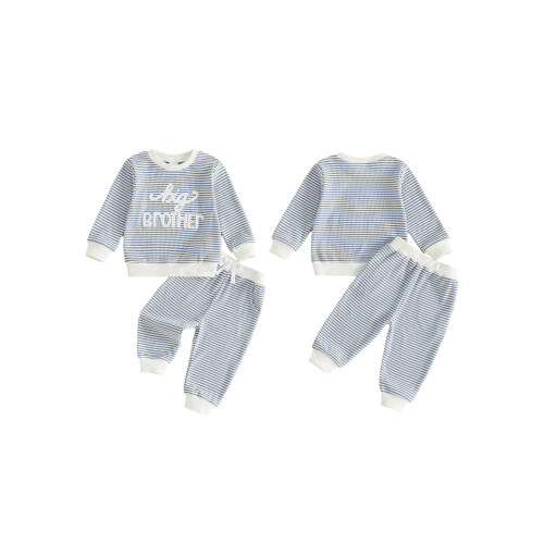 (6-12 Months, Blue) Brother Sister Matching Outfits Stripe Long Sleeve Pullover Elastic Pants 1