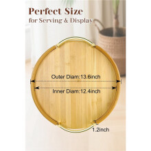 2X Plateau de Service Rond en Bambou de 14 Pouces avec Poignées - Plateau Décoratif, Plateau de Petit-Déjeuner, Plateau de Table Basse, Plateau