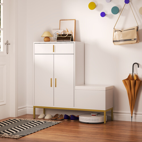 L-Shaped Shoe Storage Cabinet with Bench