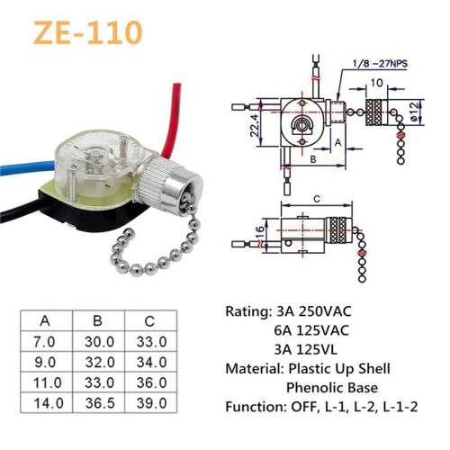 6Pack Ceiling Fan Light  ZE-110 Fan  3 Way Speed Fan  Ceiling Pull Chain  Replacement (Nickel)