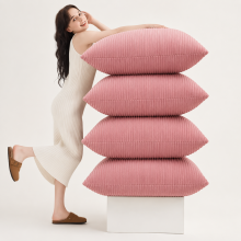 (Pack of 4, Stripe Velvet Cushion Pink) Luxury Velvet Filled Cushions Pack of 1, 2 & 4 Quilted Cushion Pads
