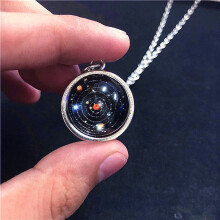 (Silver) Solar System Necklace Pendant - Double Sided Glass, Perfect Christmas Gift for Space Lovers