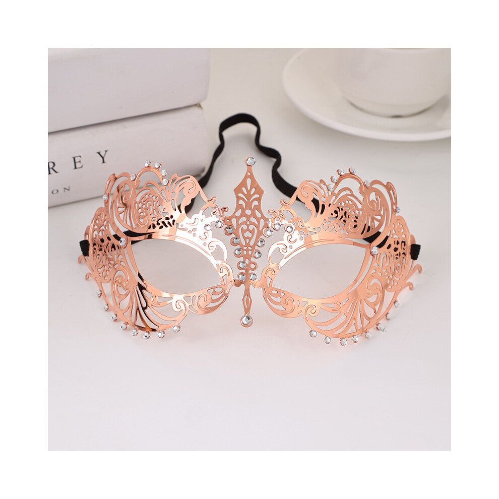 (Small pointed rose gold) 1PC Luxury Venetian Lace Metal Masquerade Half-Face Mask with Clear Diamante Accents