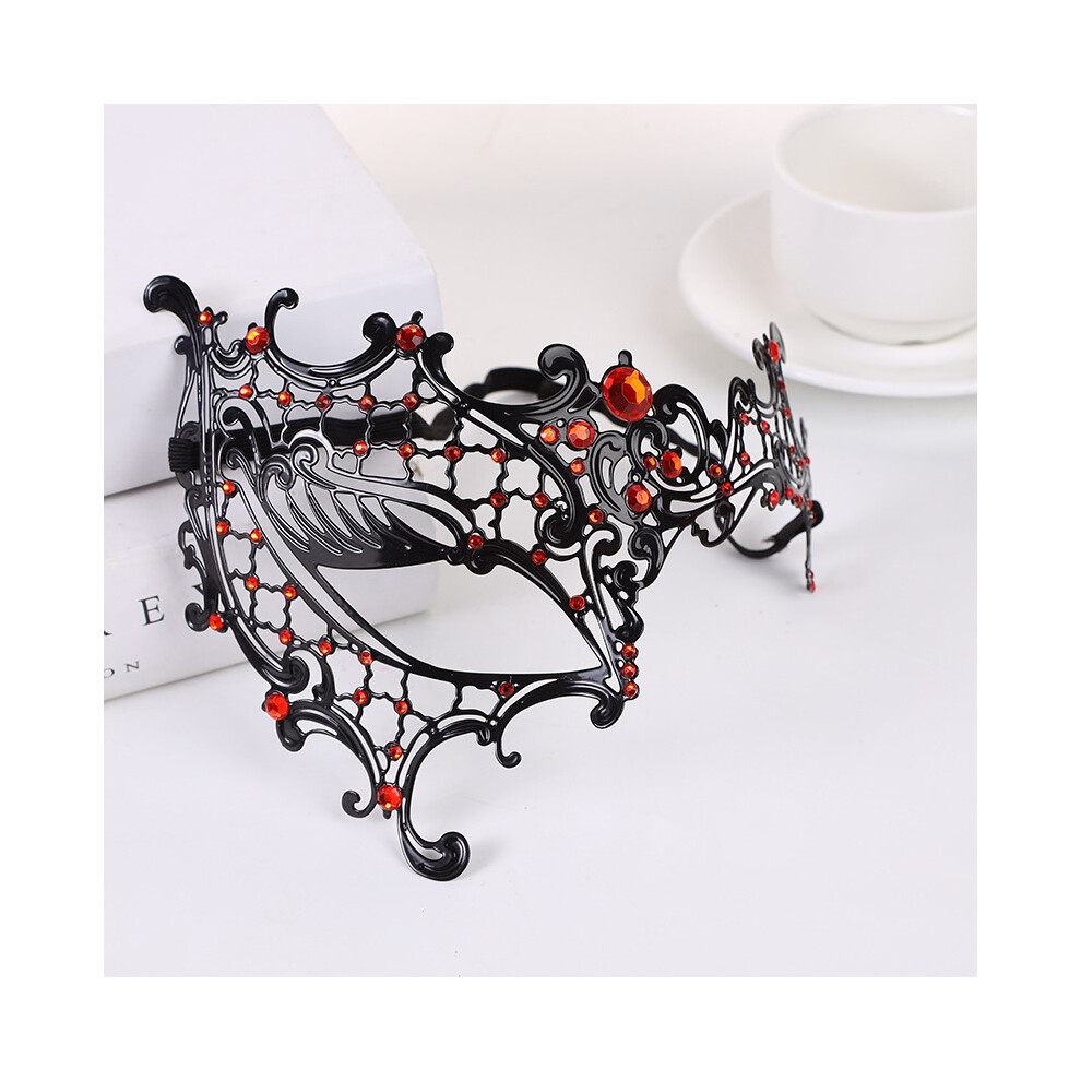 (Small one-eye red diamonds) 1PC Luxury Venetian Lace Metal Masquerade Half-Face Mask with Clear Diamante Accents