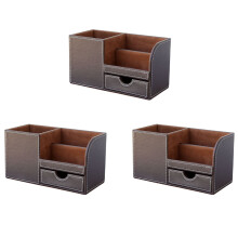 3Pcs PU Leather Multi-Function Desk Stationery Organizer Storage Box Pen/Pencil,Cell Phone, (Brown-Flannel)