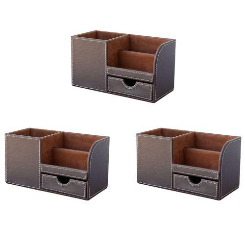 3Pcs PU Leather Multi-Function Desk Stationery Organizer Storage Box Pen/Pencil,Cell Phone, (Brown-Flannel)