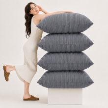 (Pack of 4, Stripe Velvet Cushion Grey) Luxury Velvet Filled Cushions Pack of 1, 2 & 4 Quilted Cushion Pads
