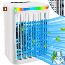 Ventilateur portable 5 en 1 avec humidification par évaporation, 3 vitesses, oscillation, minuterie, 7 lumières LED, blanc pour la mais