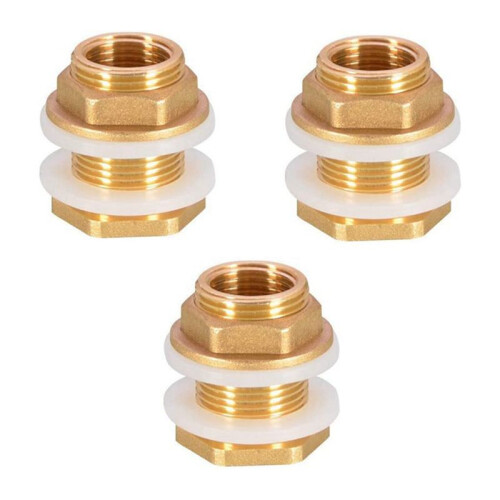 Solid Brass Bulkhead Fitting,3Sets 1/2In Female 3/4In Male Solid Brass Water Tank Connector Threaded with Silicone Rings