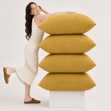 (Pack of 4, Stripe Velvet Cushion Ochre) Luxury Velvet Filled Cushions Pack of 1, 2 & 4 Quilted Cushion Pads