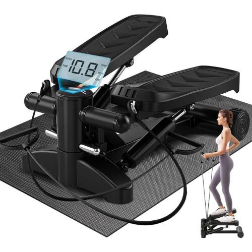 (Black) Compact Mini Stepper Exercise Machine – Home Cardio Workout with LCD Display & Resistance Bands
