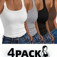 (Mixed colors, 10) 4pcs New Summer Women's Tank Tops, Elegant and Fashionable, Comfortable, Casual, Sporty, Ribbed Tank Tops - Breathable