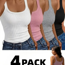 (Mixed Color 1, 16) 4pcs New Summer Women's Tank Tops, Elegant and Fashionable, Comfortable, Casual, Sporty, Ribbed Tank Tops - Breathable