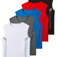 (Mixed colors, 15Y) 5pcs Set  Sports Vests, Summer Solid Color Side Striped Print Black, White, Gray, Red, Blue Multi-Color Combination Set