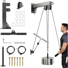 (Black) Wall-Mounted Gym Pulley System, Adjustable Cable Training Set for Home Strength Workouts with Handles & Bar