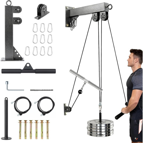 (Black) Wall-Mounted Gym Pulley System, Adjustable Cable Training Set for Home Strength Workouts with Handles & Bar