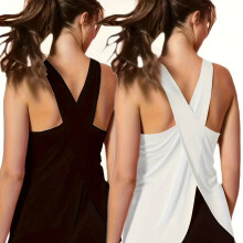(Black+White, 18) 2pcs Women's High-Elasticity Quick-Dry Workout Tank Tops with Back Cut-Out & Cross-Over Design - Breathable Yoga