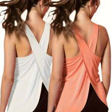 (White+Orange, 18) 2pcs Women's High-Elasticity Quick-Dry Workout Tank Tops with Back Cut-Out & Cross-Over Design - Breathable Yoga