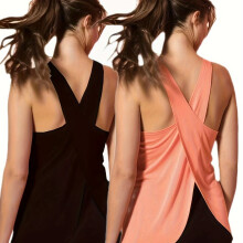 (Black+Orange, 8) 2pcs Women's High-Elasticity Quick-Dry Workout Tank Tops with Back Cut-Out & Cross-Over Design - Breathable Yoga