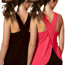 (Black&Red, 16) 2pcs Women's High-Elasticity Quick-Dry Workout Tank Tops with Back Cut-Out & Cross-Over Design - Breathable Yoga