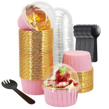 150Pcs Aluminum Foil Cupcake Liners with Lids & Spoons 50 Sets Oven Safe Muffin Baking Cups for Wedding Party