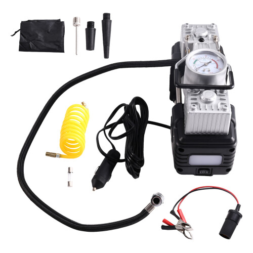 Compressore D'Aria Portatile per Auto 12V A Doppio Cilindro, Pompa Veloce con Luce LED e Manometro Digitale per Auto e Moto