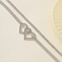 (Silver) Personalized Trendy Double Heart Anklet with Full Diamonds - Glitter Beach Jewelry