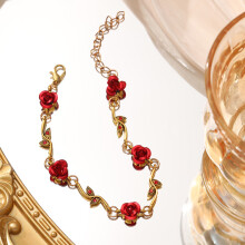 (Bracelets) Vintage French Style Red Rose Flower Shaped Bracelet and Earrings Set