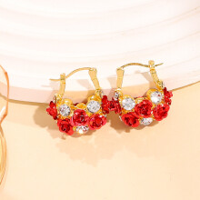 (Red) Light Luxury U-Shape Rose & Diamond Niche Earrings - Fashionable Floral Design