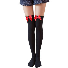 (Red) Sexy Over-Knee Bow Tie Stockings, Black, 1 Pair